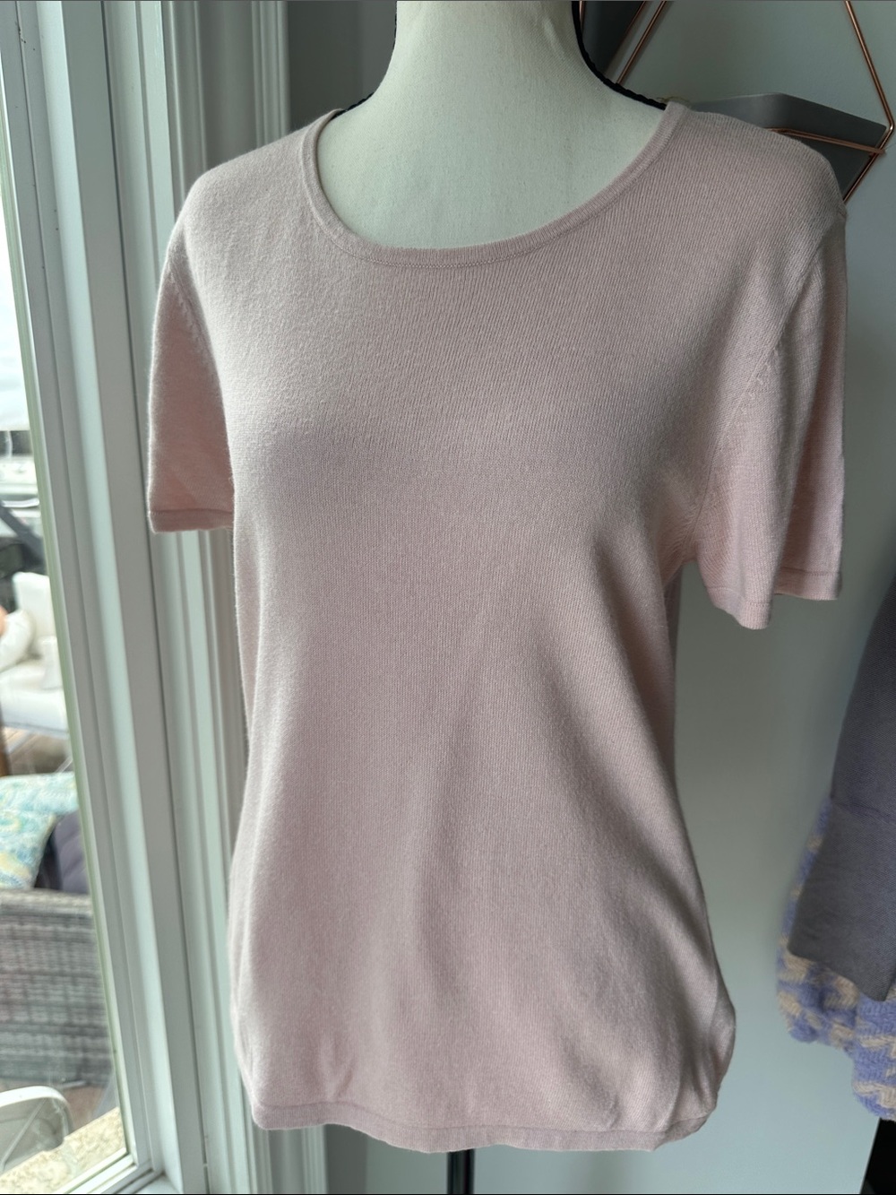 VINTAGE KASPER Cashmere Angora Short-Sleeve Scoop Neck Top Sweater Pink Large